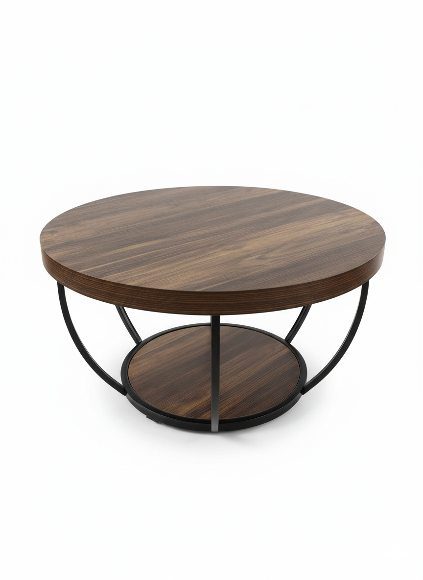 Dollcini Otthon Kerek Fa Dohányzóasztal Ipari Stílusban – Alsó Polccal