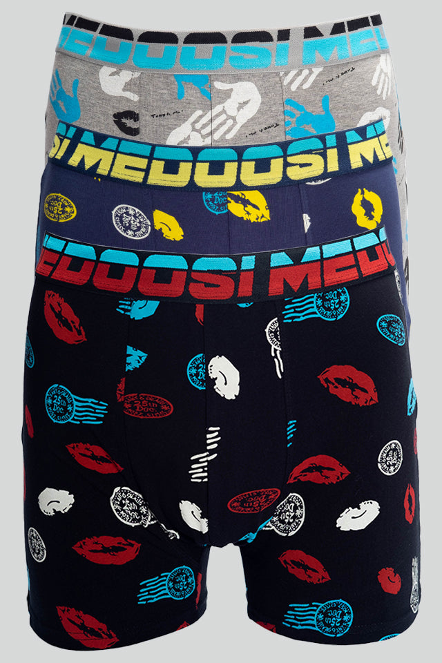 Dollcini Légáteresztő Pamut Férfi Boxeralsó - 95% Pamut, Csókmintás, 3 darabos szett