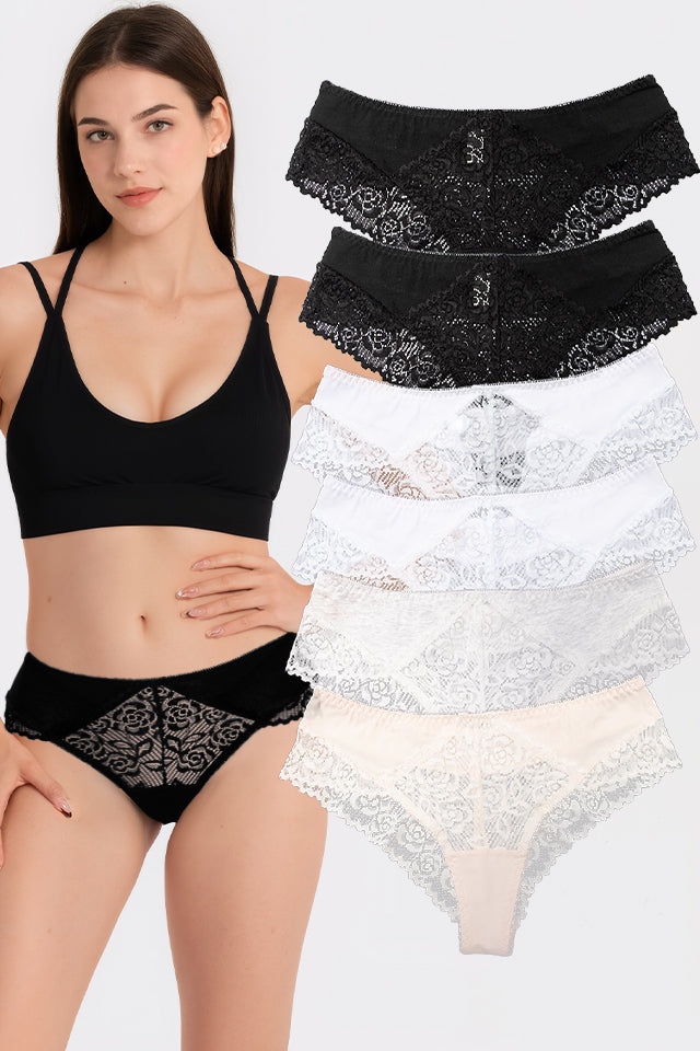 Dollcini,Klasszikus Női Bugyi ,Brazil Női Bugyi,Női Csipkés Bugyi – 95% Pamut+Spandex, Többszínű, 6 db-os Csomag