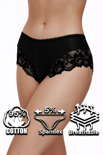 Dollcini ,Klasszikus Női Bugyi, Brazil Női Bugyi, Virágmintás Csipkés Női Bugyi,95% Pamut + Spandex-Többszínű, 6 db-os Csomag